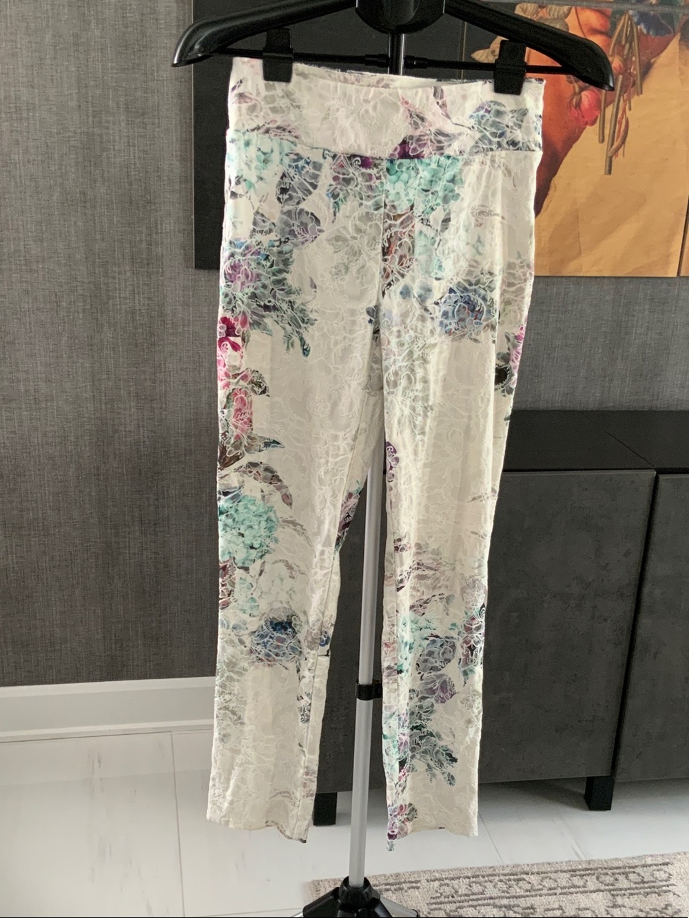 Joseph Ribkoff White Lace design Pants with Soft Pastel Floral Trim 2